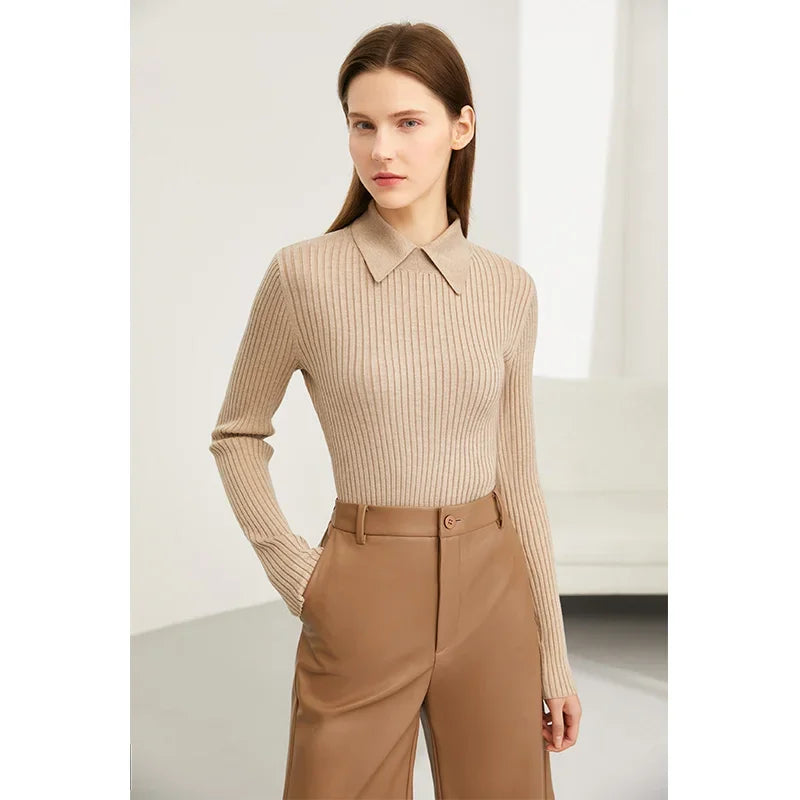 Amii Minimalism 2024 Sweater for Women Autumn New Office Lady Basic Lapel Striped Slim Knitted Tops Solid Trendy Blouse 12444058 Loran