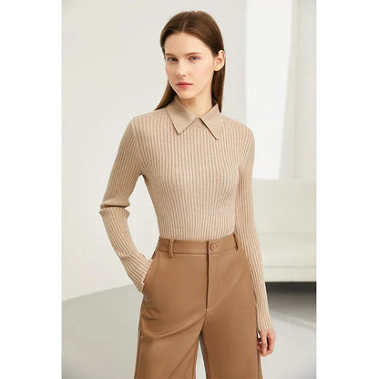 Amii Minimalism 2024 Sweater for Women Autumn New Office Lady Basic Lapel Striped Slim Knitted Tops Solid Trendy Blouse 12444058 Loran