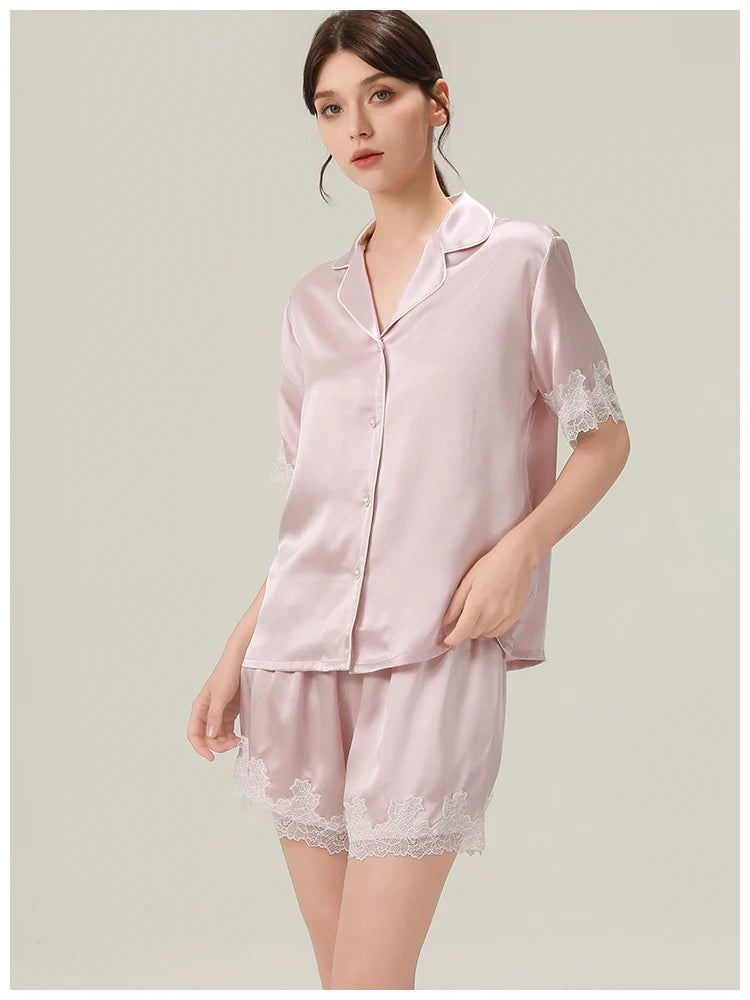 Fimtariah  19mm Lace Silk Pajama Two-piece Set Short Sleeves Women Summer  Spring Soft   high-end silk home wear for mothers Loran