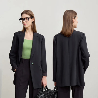Amii Women's Jacket 2026 Spring New Commuter Button Shoulder Pad Suit Loose Anti-wrinkle Medium And Long Blazer Top 12611021 Loran