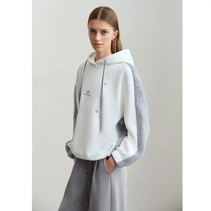 Embroidered Drawstring Faux Lamb Wool Sweatshirt