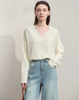 Casual, Solid Color V-Neck Loose Knit
