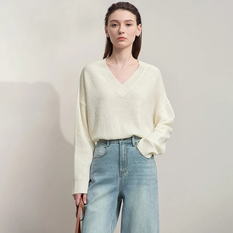 Casual, Solid Color V-Neck Loose Knit