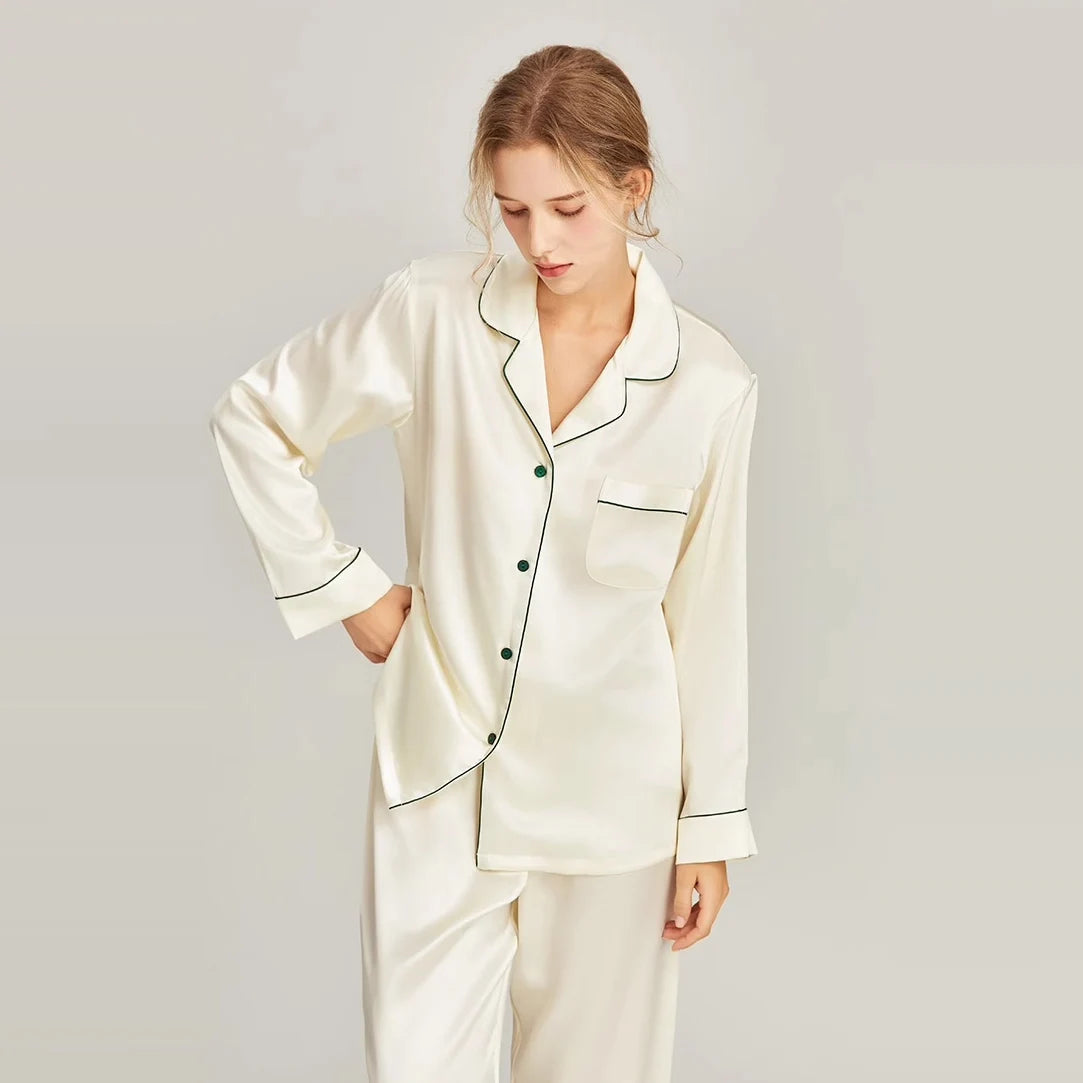 Real Silk Pajama Long Sleeve White Nightwear Loran