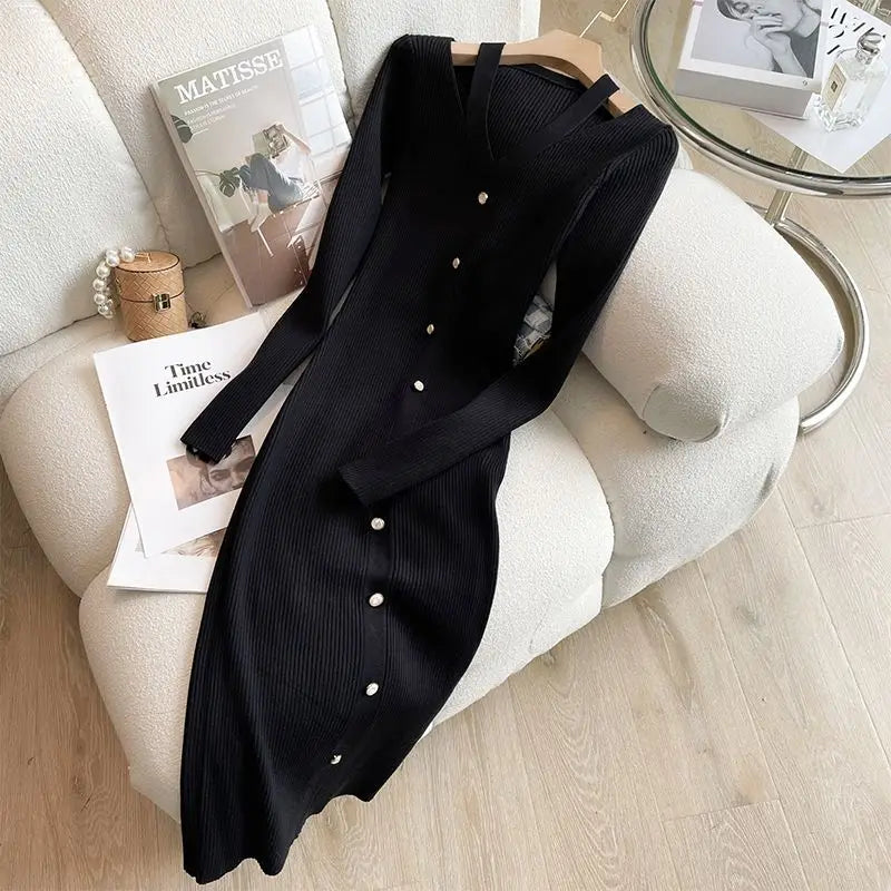 Slim-Fit V-Neck Sweater Dress