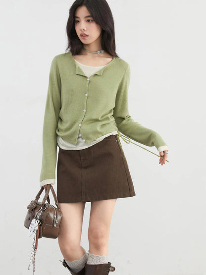 Slim Fit O-Neck Sweater Drawstring Waist Knit Jumper Loran