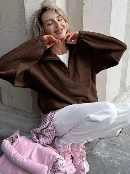 Solid Color Zip-Up Sweatshirt - Loran