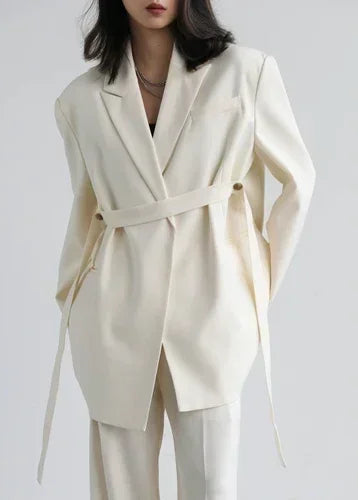 Wide Shoulder Ribbon Blazer Long Autumn Overcoat Loran