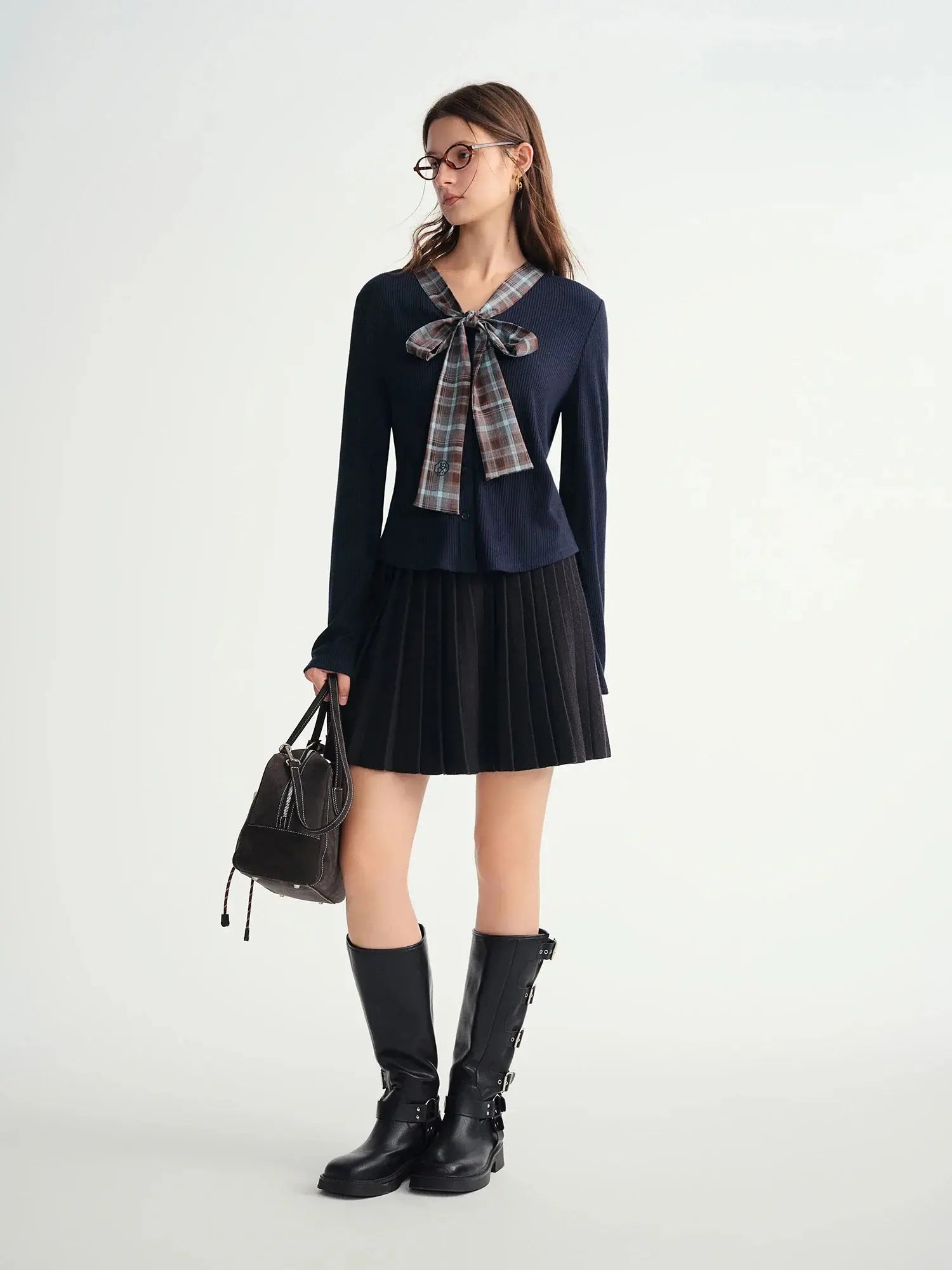 Women's Autumn/Winter Tartan Print Knit Coatigan with Tie Collar - Loran