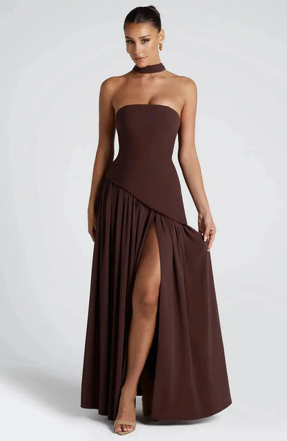 Sleek Solid Tube Top Maxi Dress with High Slit - Loran