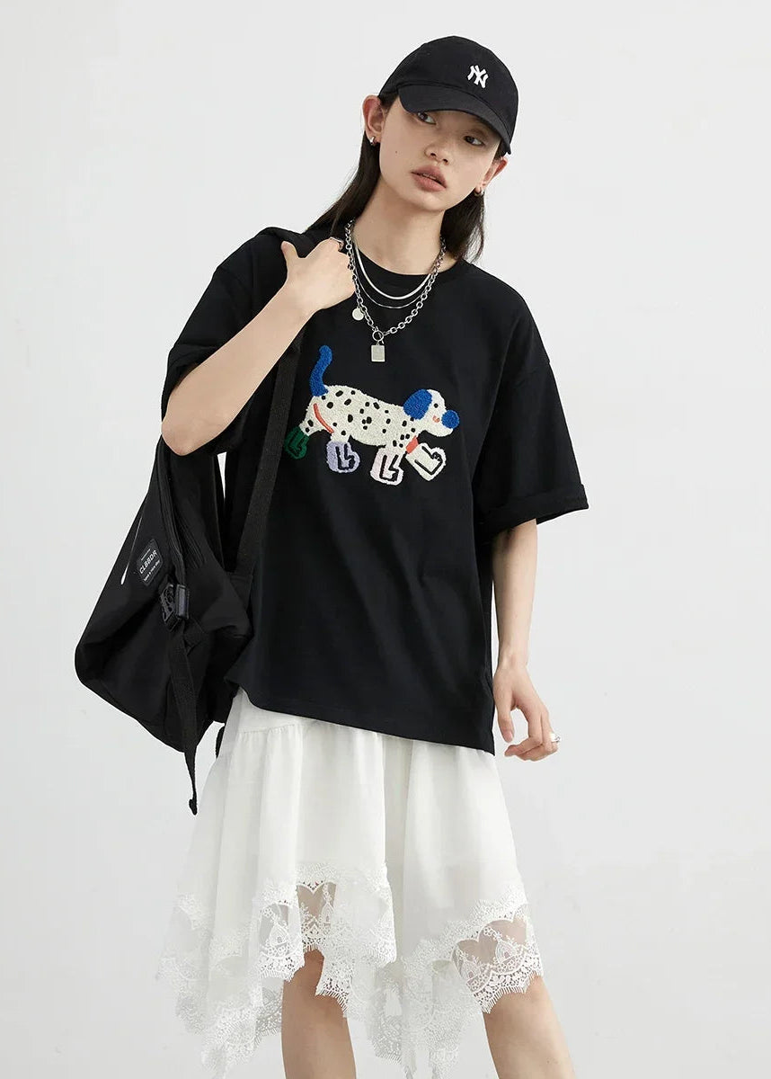 Dog Embroidered Cotton T-Shirt Loose Summer Streetwear Loran