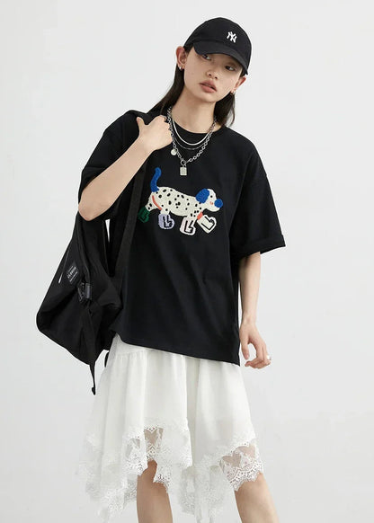Dog Embroidered Cotton T-Shirt Loose Summer Streetwear Loran