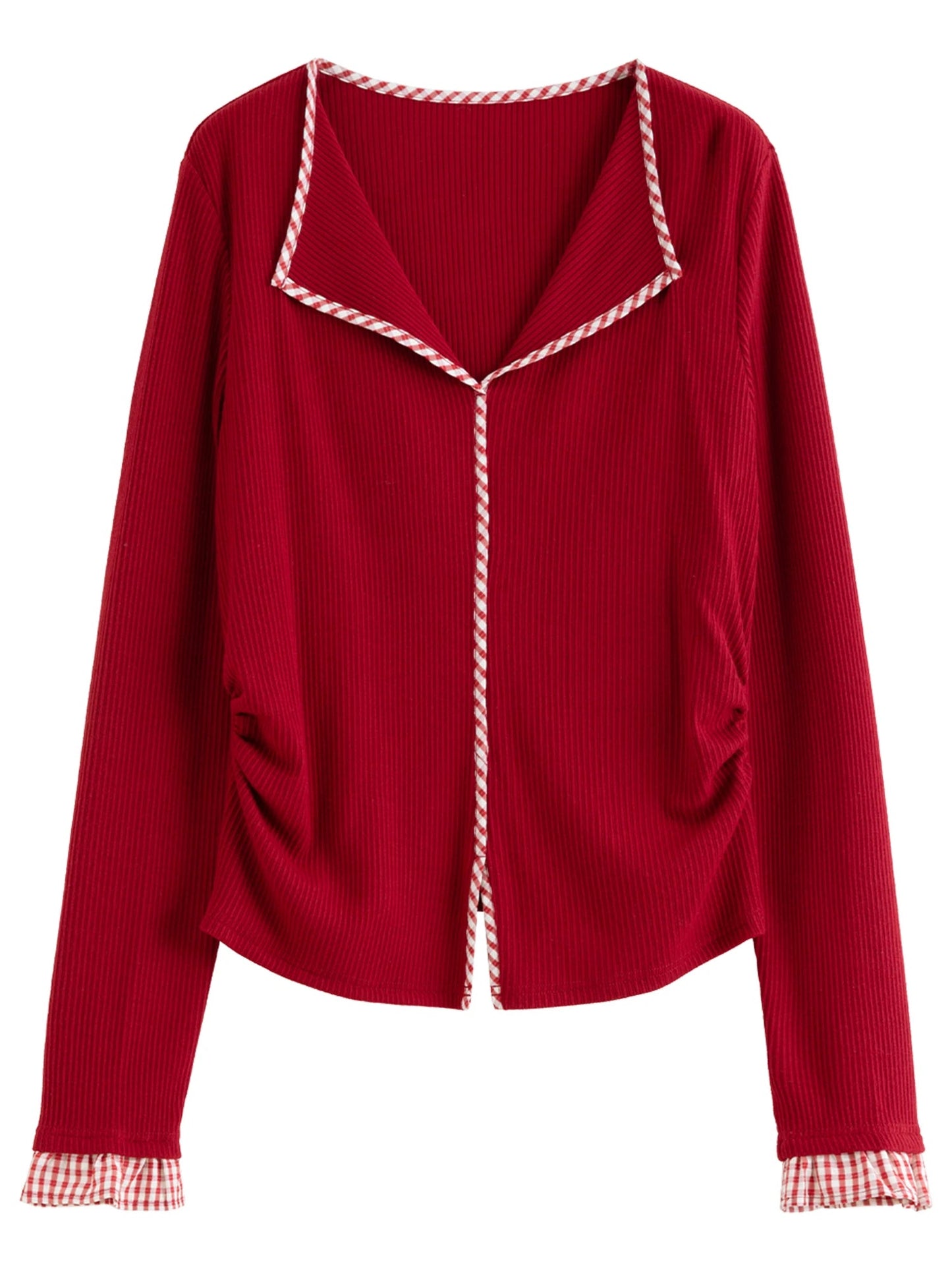 DUSHU 2026 Plus Size Spring New Women's Knit Top, Minimalist Plaid Color Block Long Sleeve Shirt, Y2K Retro Basic Layering Tee Loran