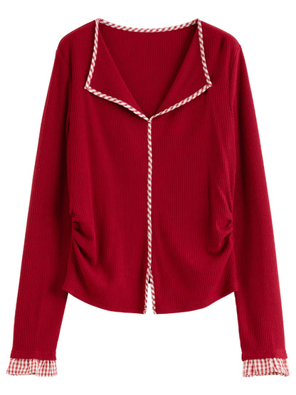 DUSHU 2026 Plus Size Spring New Women's Knit Top, Minimalist Plaid Color Block Long Sleeve Shirt, Y2K Retro Basic Layering Tee Loran