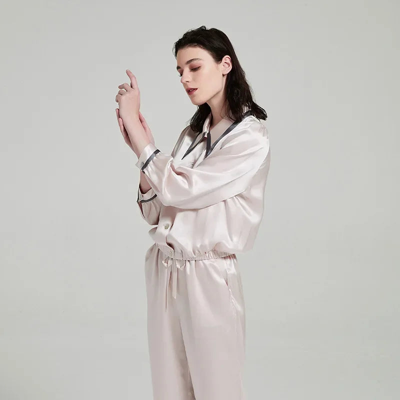 Contrast Silk Pajama Set Long-Sleeve Women's Sleepwear Loran