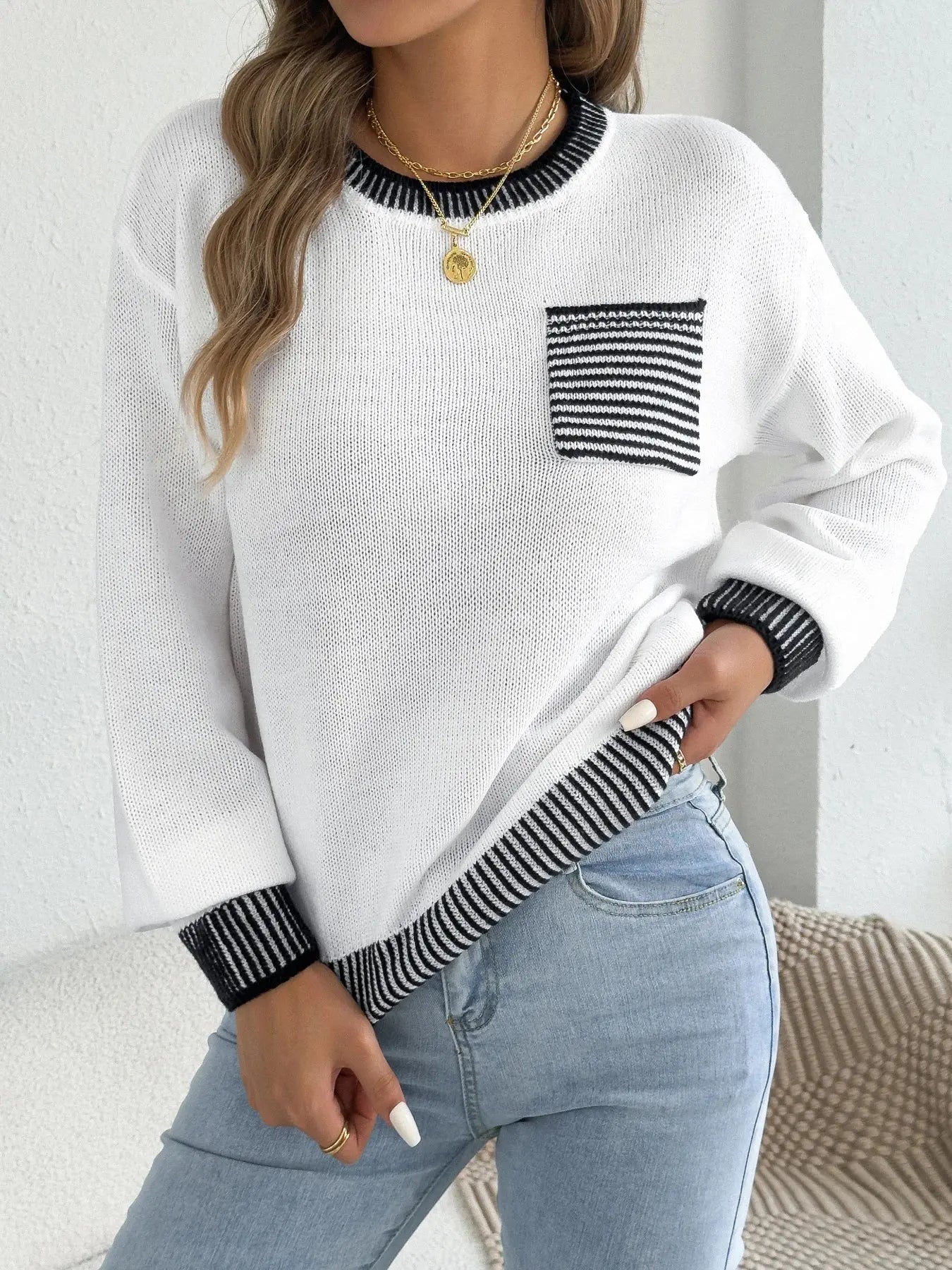 Chic Striped Color Block Knitted Top with Pockets - Lantern Sleeve Style - Loran