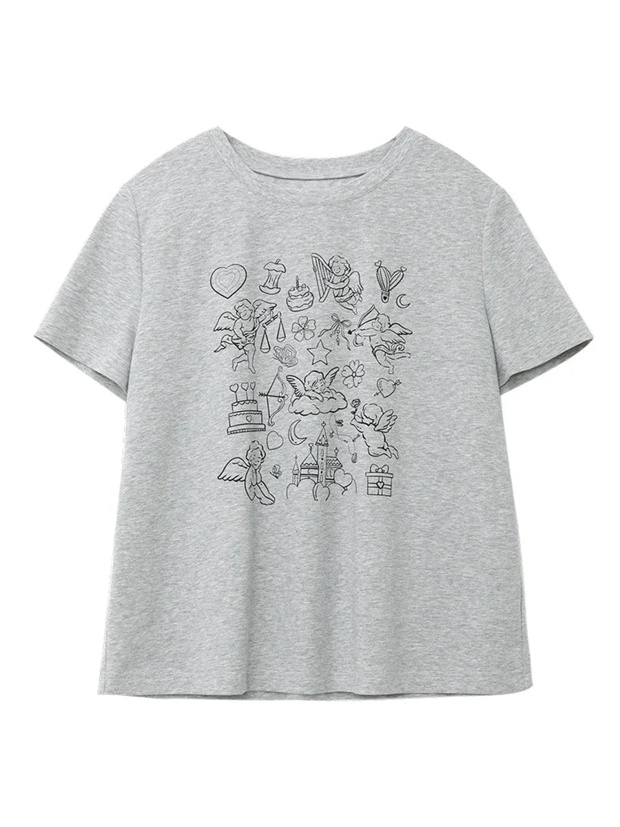 CHIC VEN Korean Women T-Shirts Loose New Korean O Neck Short Sleeve Printed Girl Tees Slim Female Top Summer 2025 Loran