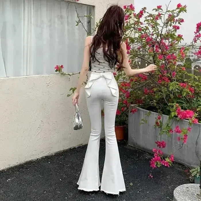 High-Waist Denim Flares with Bow Detail - Loran