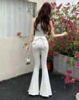 High-Waist Denim Flares with Bow Detail