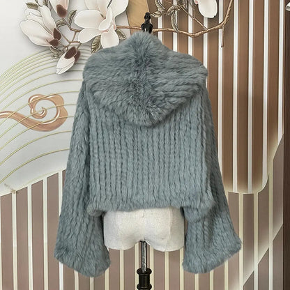 Luxurious Rabbit Fur Knit Hooded Coat - Loran
