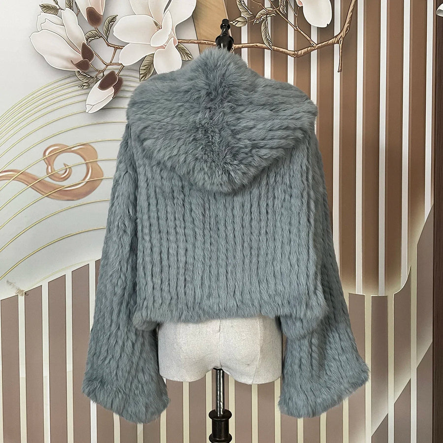 Luxurious Rabbit Fur Knit Hooded Coat