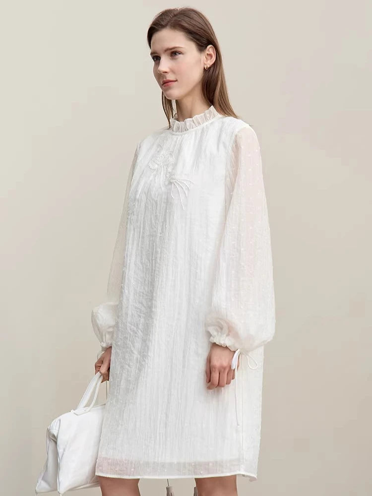 Spring Ruffled Embroidery Elegant Loose Fit Dress