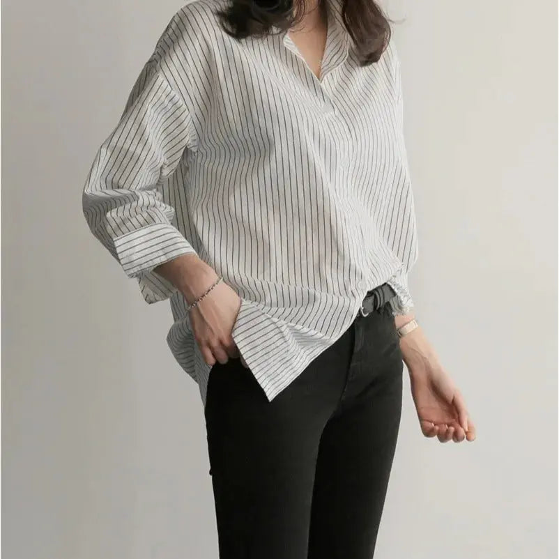 Korean-Style Loose Fit Striped Shirt for Women - Loran