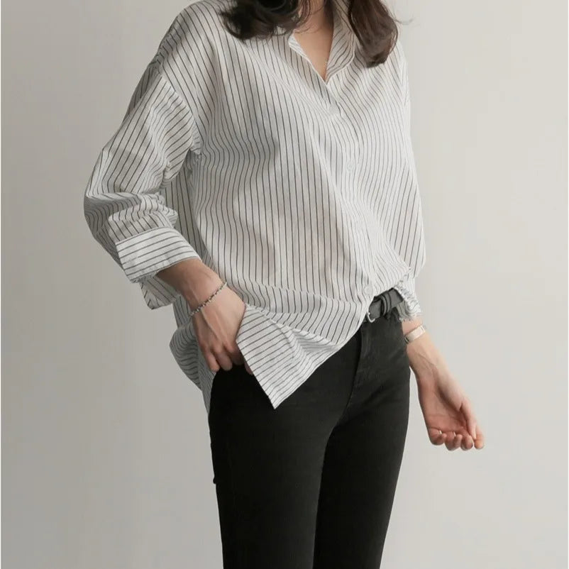 Korean-Style Loose Fit Striped Shirt for Women