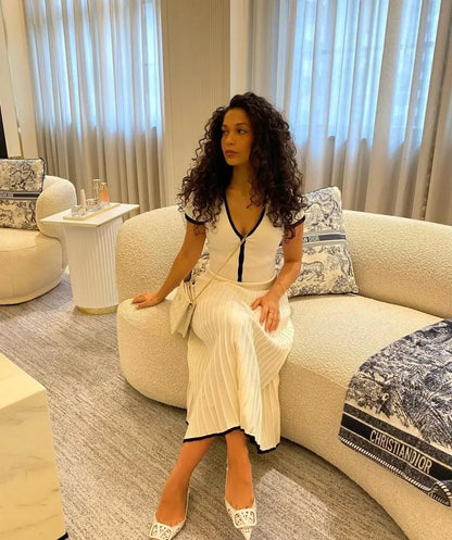 Elegant White Crop Top & Pleated Skirt Set - Loran