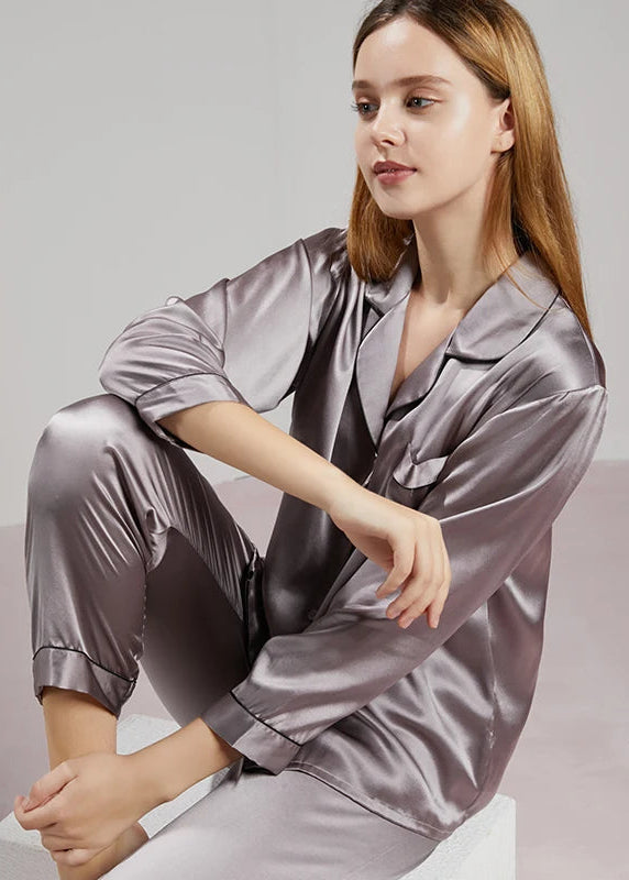 19MM 100% Mulberry Silk Pajamas Women Silk Sleepwear Lady Long-sleeved TrousersTwo-piece Spring Summer  Loose Sexy Home Clothes Loran