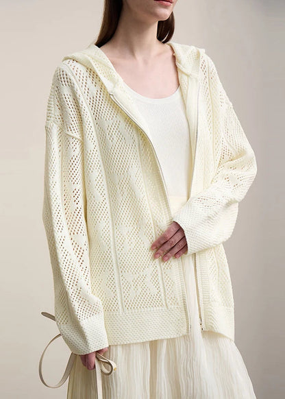 Amii Cardigan For Women 2026 Spring New Hollow Jacquard Wool Knitted Cardigan Casual Hooded Dual Zippers Loose Tops 12651032 Loran