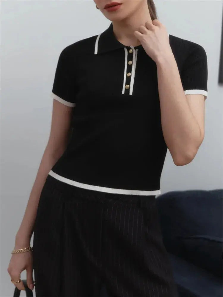 Contrast Patchwork Knit Top with Lapel Collar - Loran