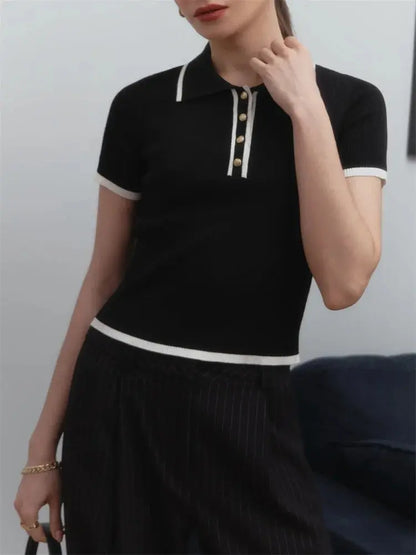 Contrast Patchwork Knit Top with Lapel Collar - Loran