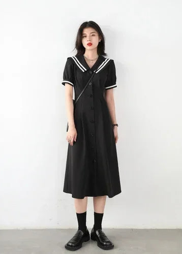 CHIC VEN Korean Women Dresses Black Short Sleeve Navy Collar Dress for Woman Office Lady Female Party College Summer 2025 Loran