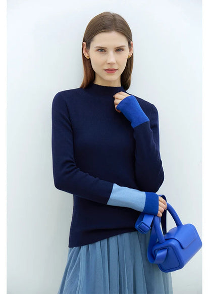 AMII Minimalist 2025 Winter New Sweaters for Women Office Lady Basics Half High Collar Color Contrast Slim Pullovers 12324067 Loran