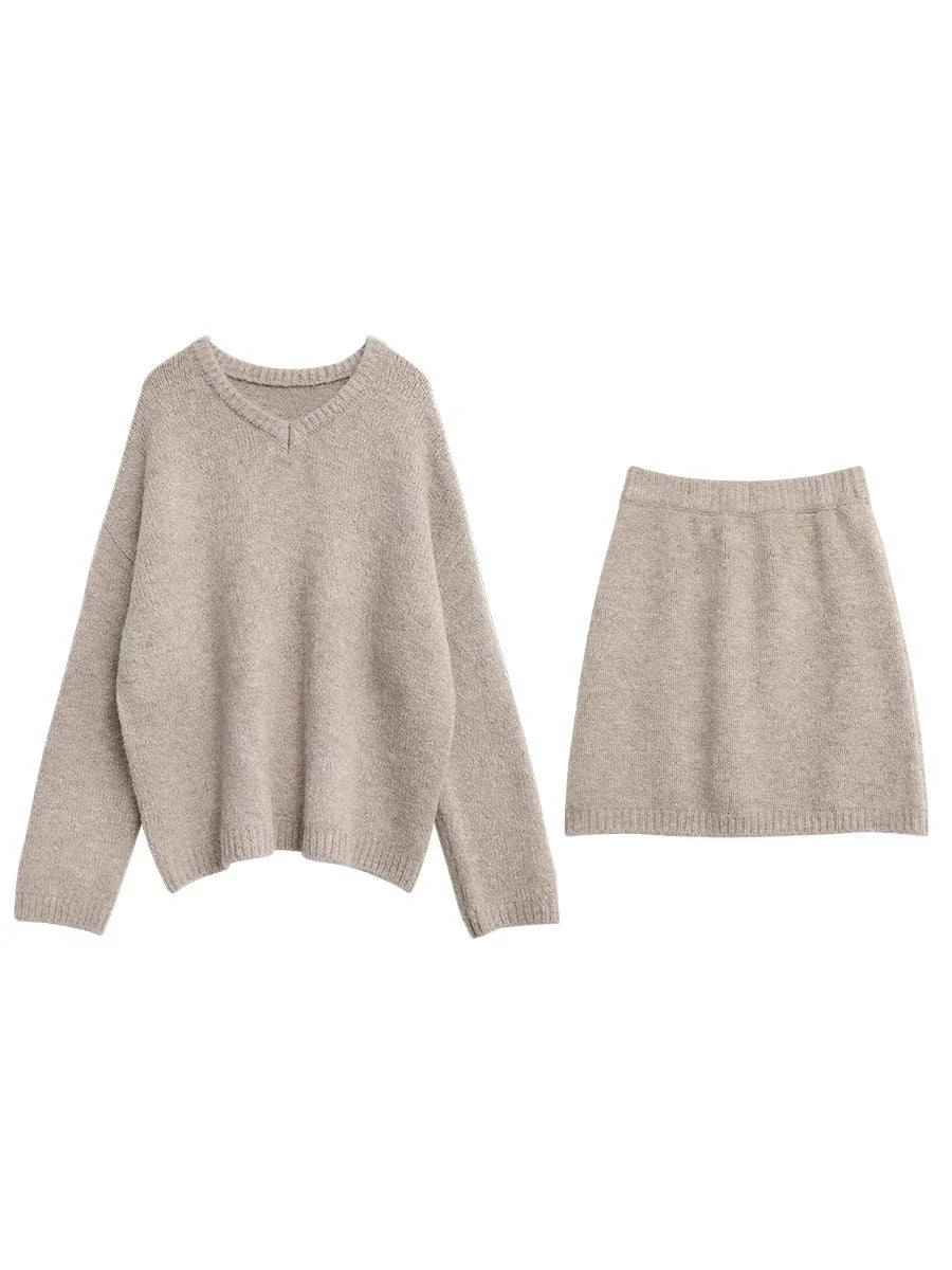 CHIC VEN Fashion Women Skirt Set Pullover Loose New Mini V-neck Solid Sweater Straight Leg Skirts Spring Autumn 2024 Loran
