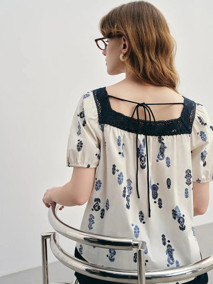 Plus Size Square Neck French Lace Short Sleeve Blouse - Loran