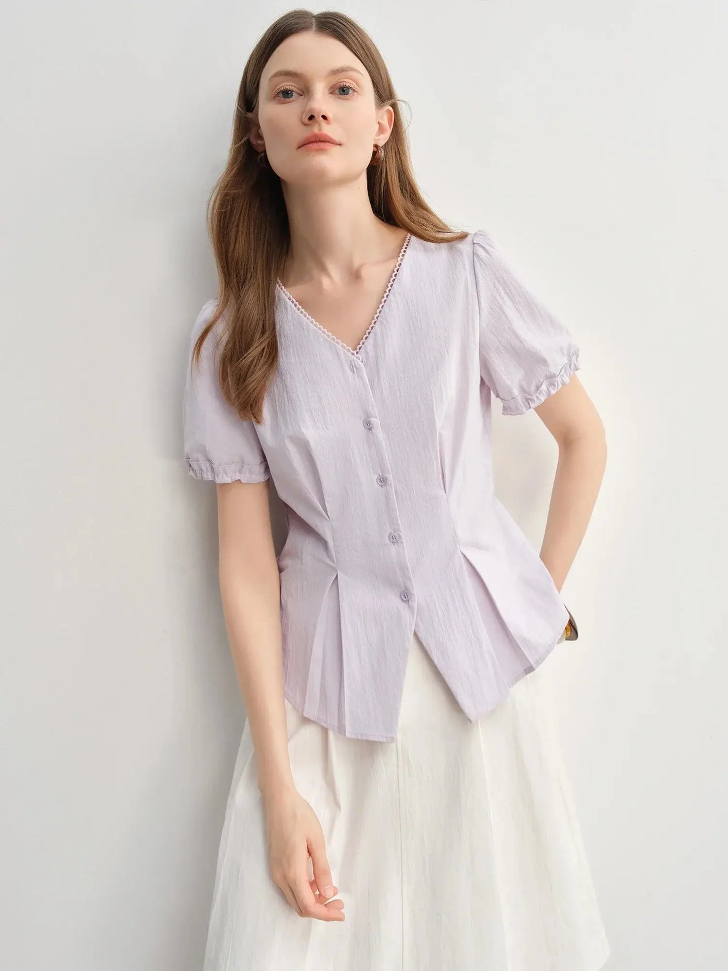 Summer V-Neck Top with Textured Pleats LORAN STORE