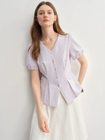 Summer V-Neck Top with Textured Pleats LORAN STORE