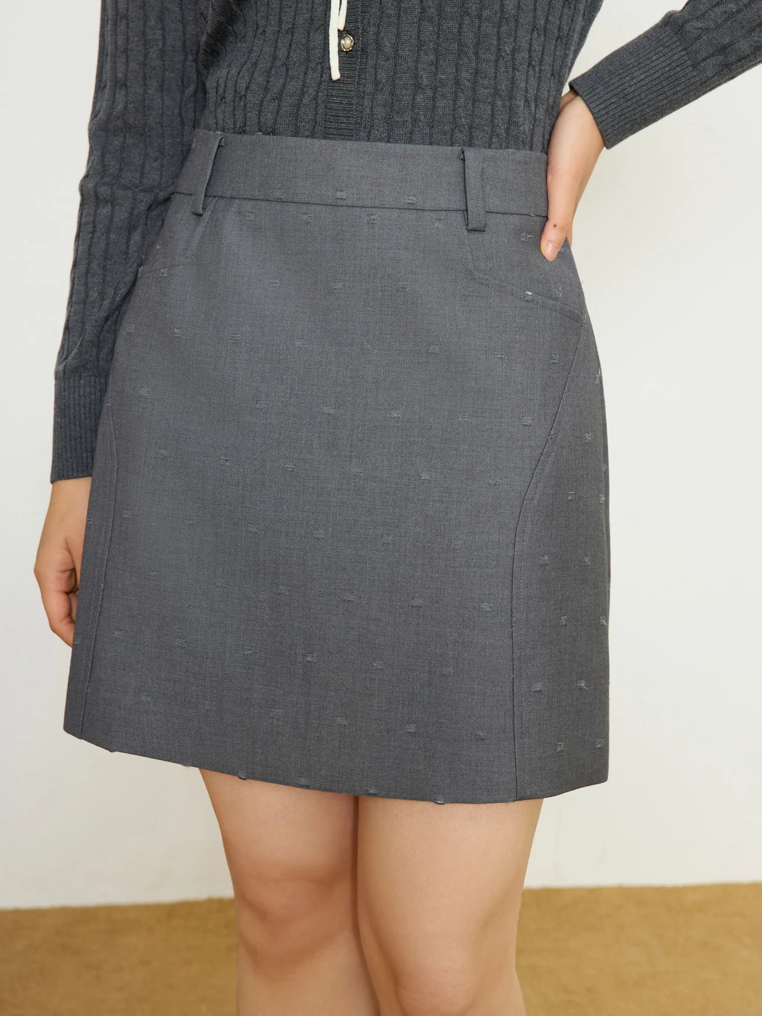 Plus Size High Waist Gray Skirt Elegant Spring Workwear Loran
