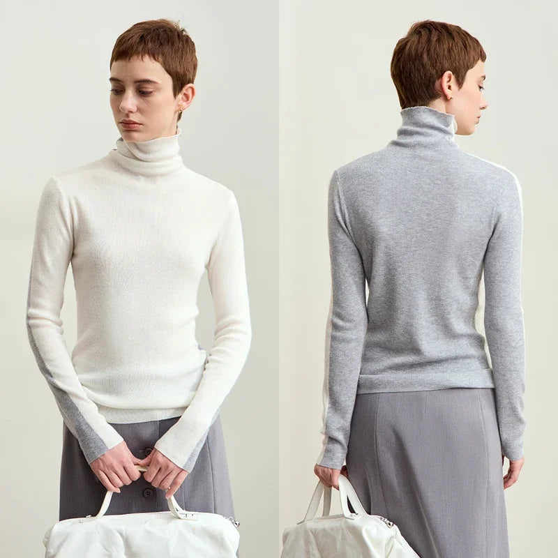 Amii Women Sweaters 2024 Winter Minimalism Long Sleeve High Neck Slim Soft Knit Tops Jumper Patchwork Sweater Clothing 12414019 Loran