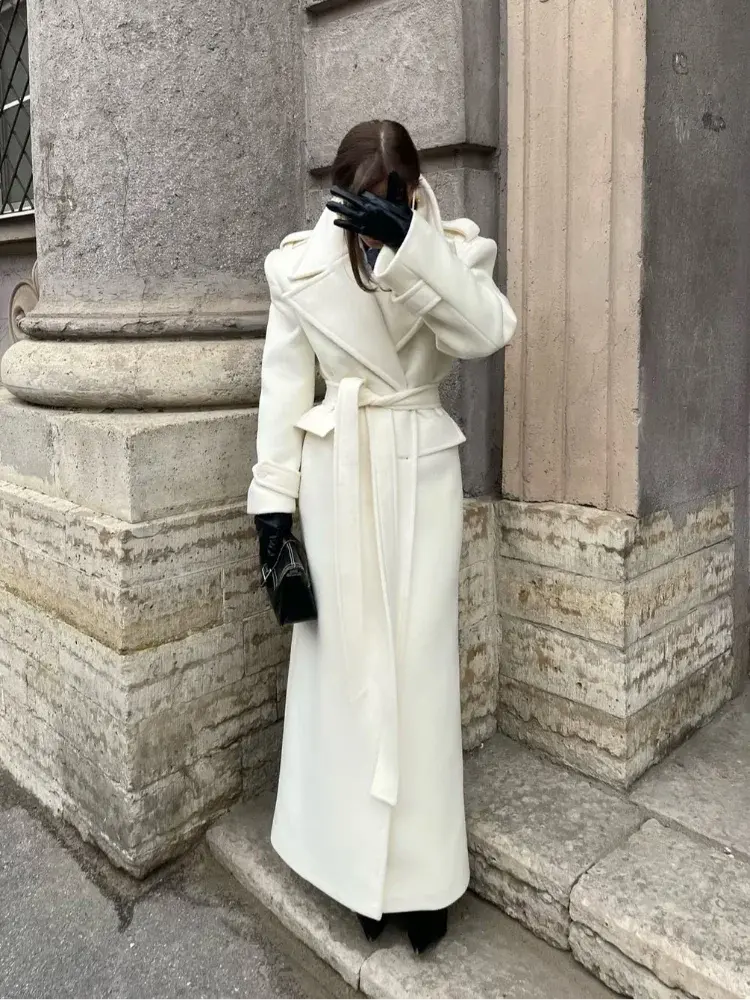 Chic Double-Breasted Wool Coat with Lace-Up Detail - Loran