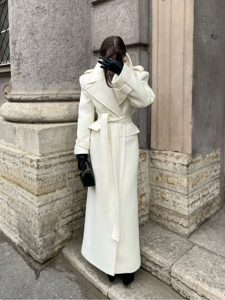 Chic Double-Breasted Wool Coat with Lace-Up Detail