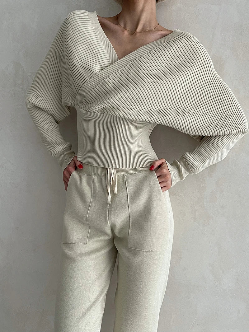 Sexy Off Shoulder Knitted Two Piece Set Women Long Sleeve - 3IN SMART Shop  #