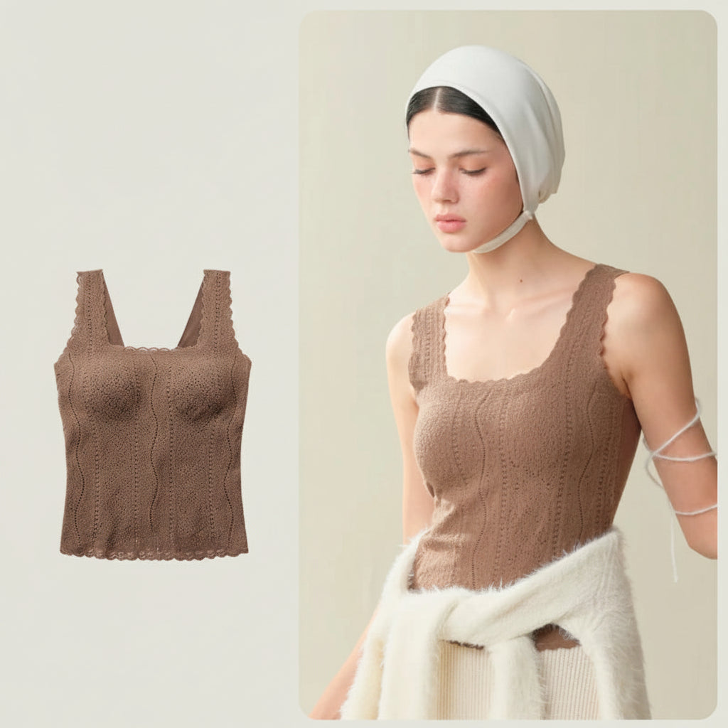 SUJIIN Women's Thermal Underwear 2025 Winter Elegant Sleeveless Square Collar Lace Vest Tops Undershirt Thermal Clothing Woman Loran