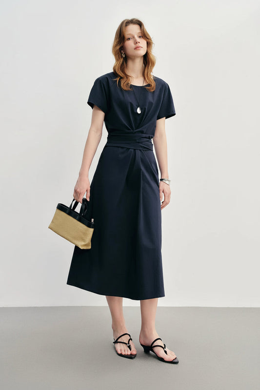 High-Waisted Pleated Midi Dress Summer Slimming Fit Loran