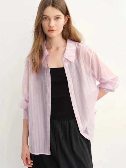 Plus Size Striped Sheer/Perspective Long-Sleeve Blouse LORAN STORE