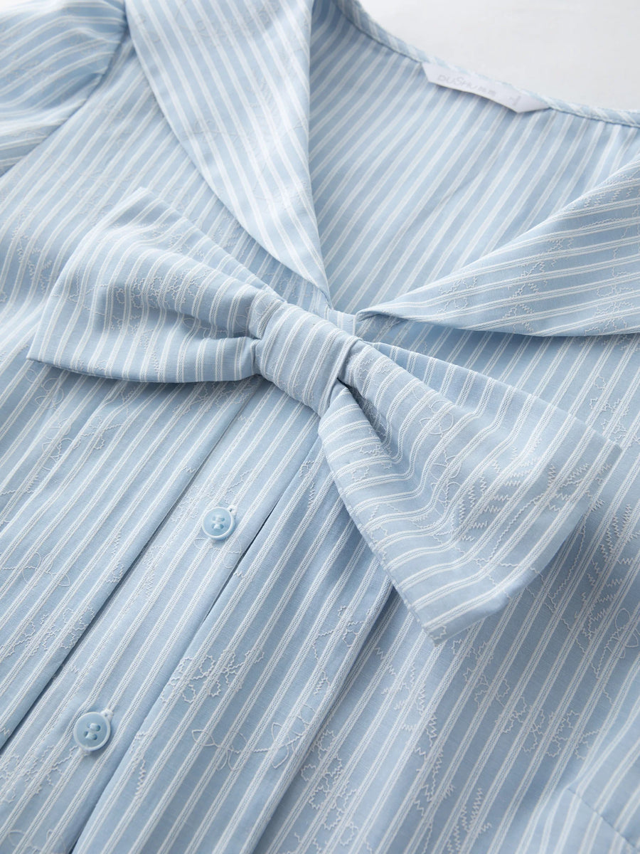 Plus Size Navy Striped Shirt with Collar & Bow Detail