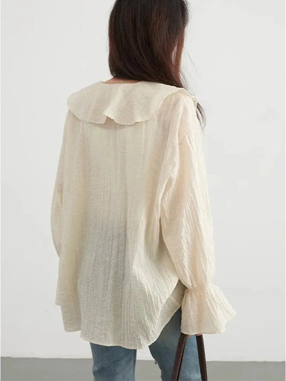 V-Neck Lace-Up Blouse with Ruffled Edges and Loose Fit - Loran