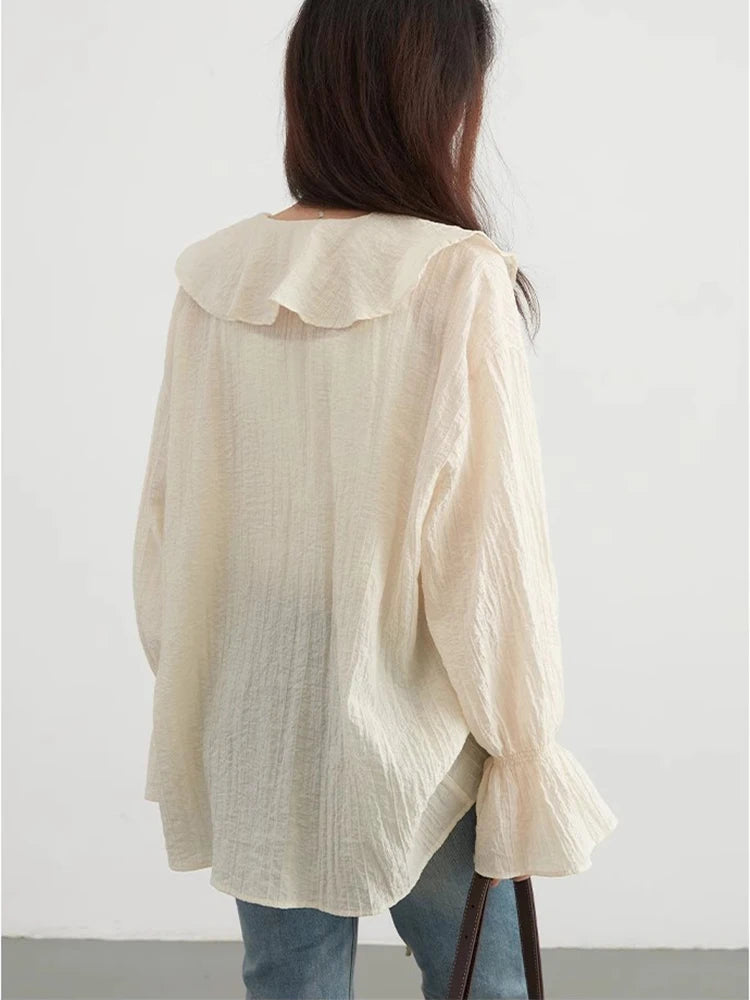 V-Neck Lace-Up Blouse with Ruffled Edges and Loose Fit